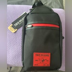True Religion Black Belt Bag with Red Accents